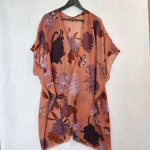 Floral Kimono Wrap Terracotta Orange Purple Botanical Print Chiffon‎ Shrug OS